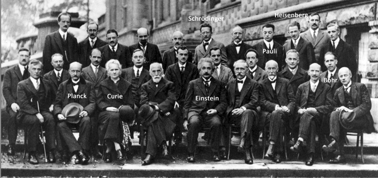Giants of modern physics and their mustaches in 1927; Einstein, front and center; Image from Wikipedia.